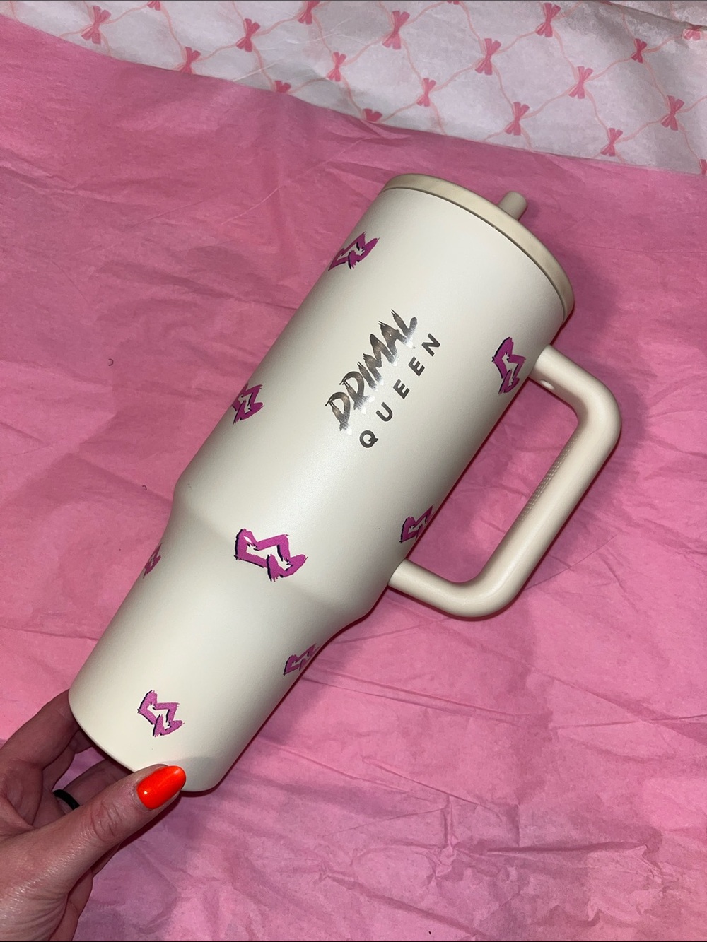 Cream Travel Mug with Pink Crown Accent